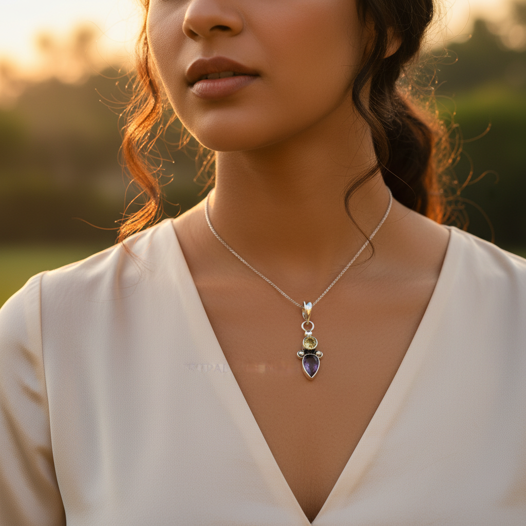 925纯银紫水晶和黄水晶吊坠（女士款）| 宝石首饰