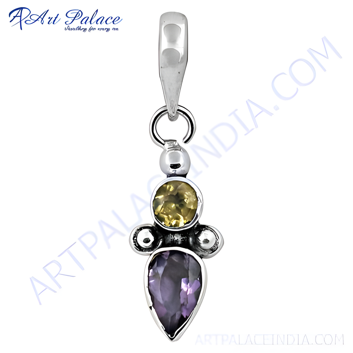 925 sterling silver pendant featuring a teardrop amethyst and a citrine gemstone in yellow