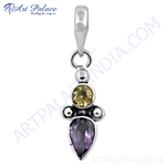 将图像加载到图库查看器中， 925 sterling silver pendant featuring a teardrop amethyst and a citrine gemstone in yellow.
