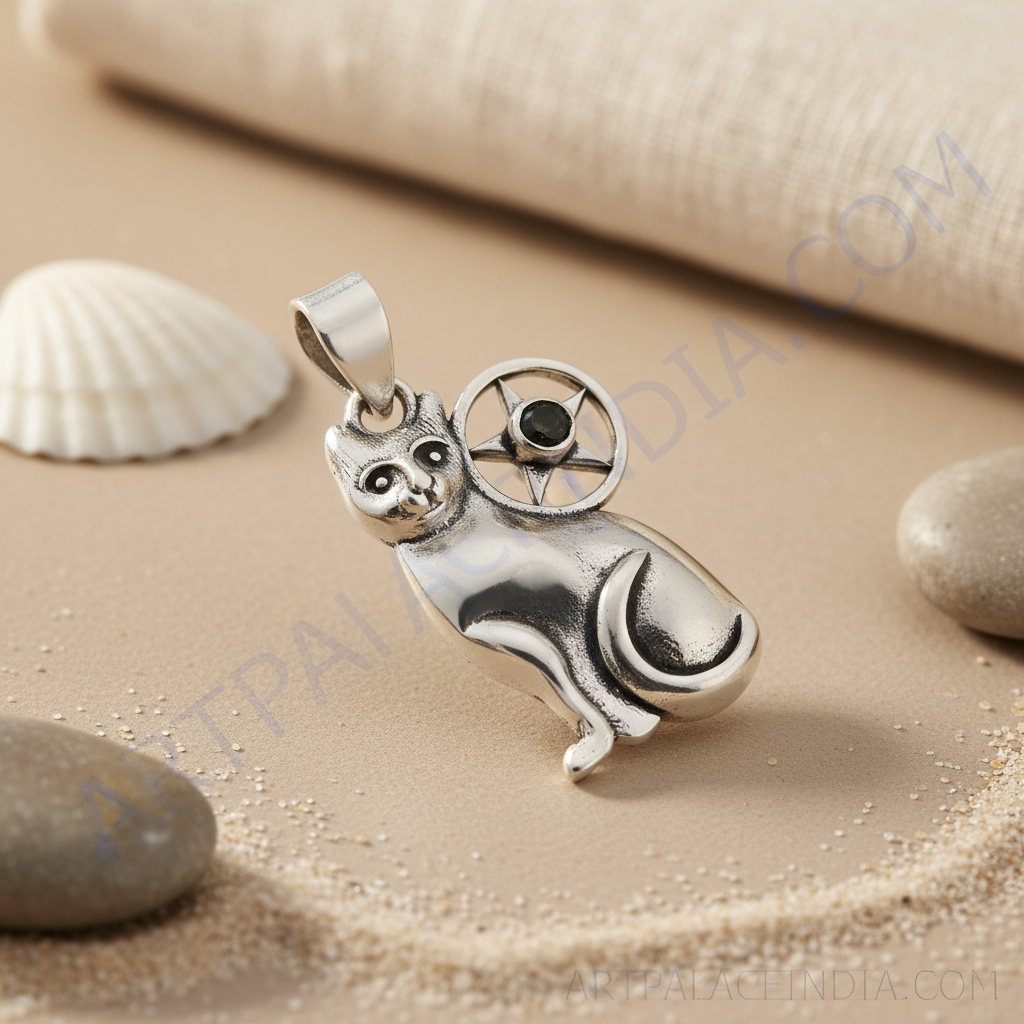 925 Sterling Silver Cat Pendant with Star Gemstone | Gift
