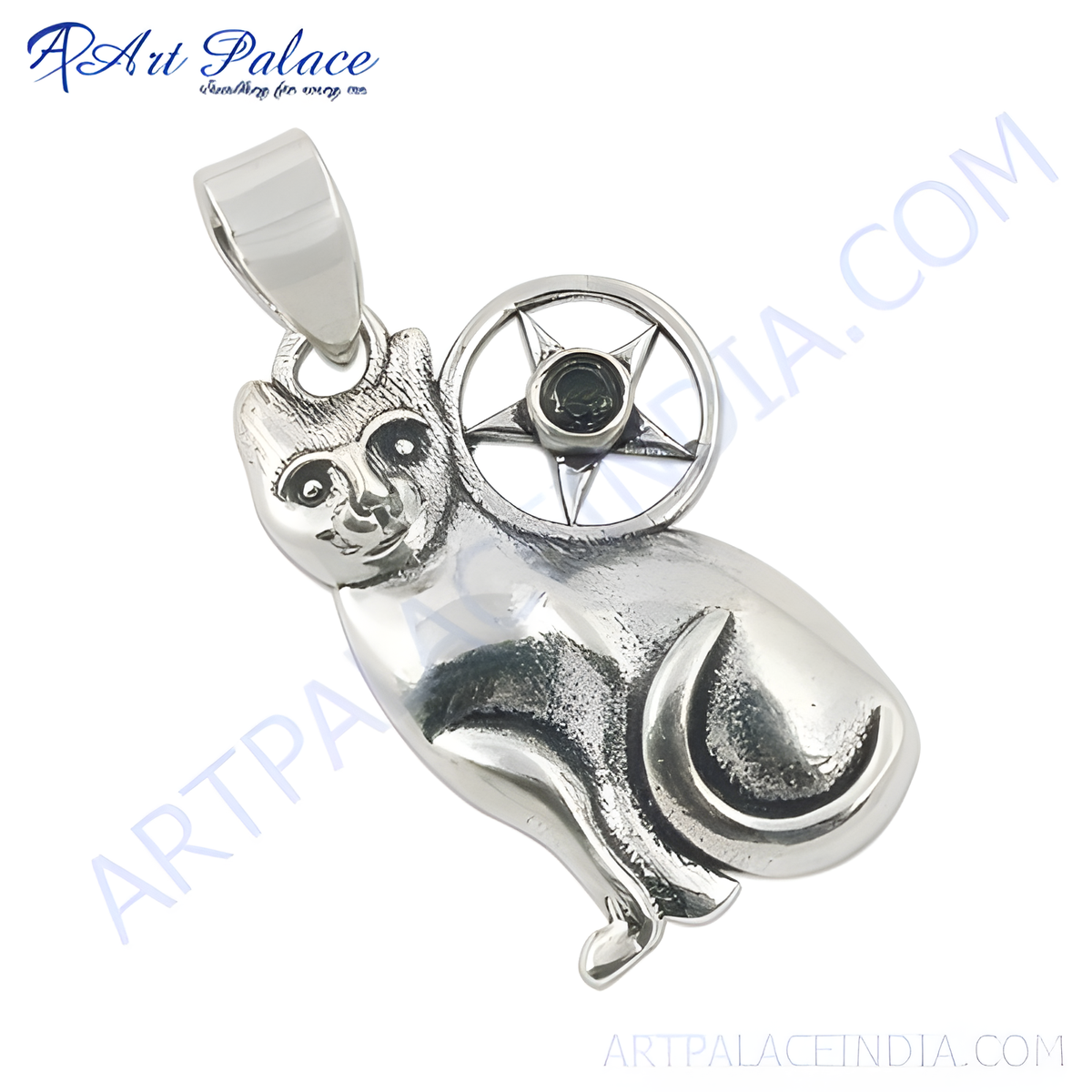 Sterling silver cat pendant with a star shaped gemstone, perfect for cat lovers