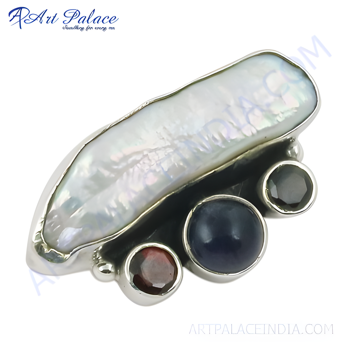 Sterling silver ring with a white pearl and three colorful gemstones