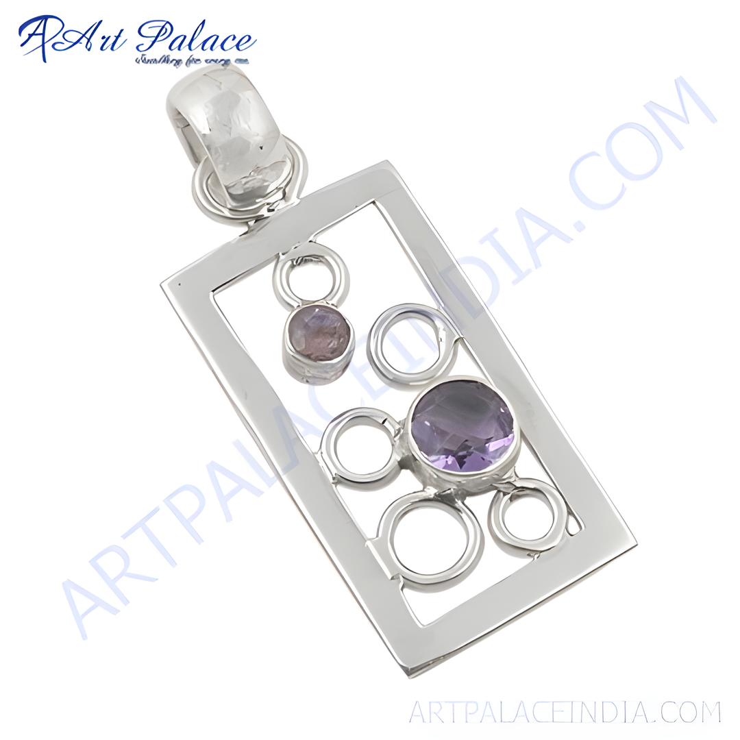 925 sterling silver amethyst pendant necklace with geometric design and purple gemstones
