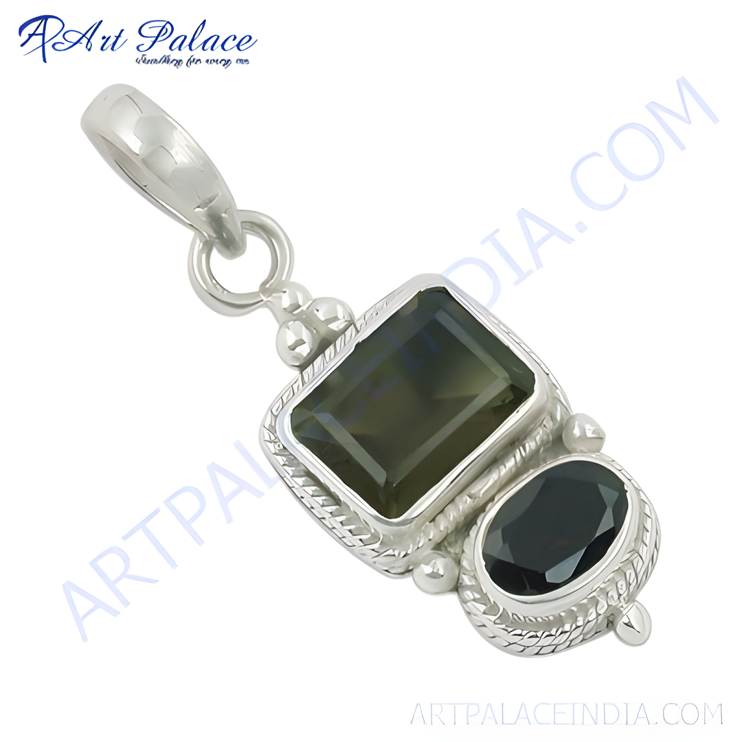 Sterling silver pendant featuring rectangular and oval gemstones, ideal for women's daily wear and gifting.