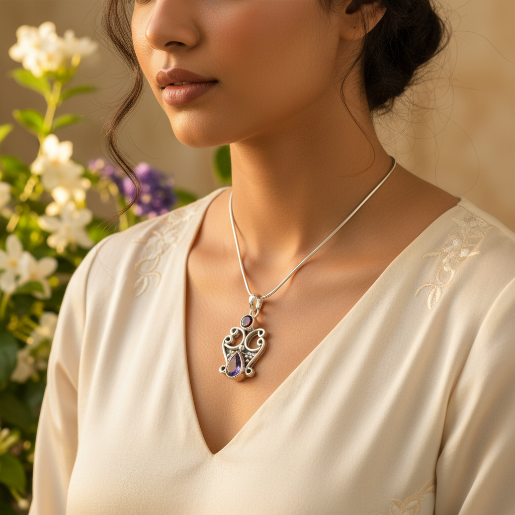 925银紫水晶石榴石吊坠 | 女士宝石首饰