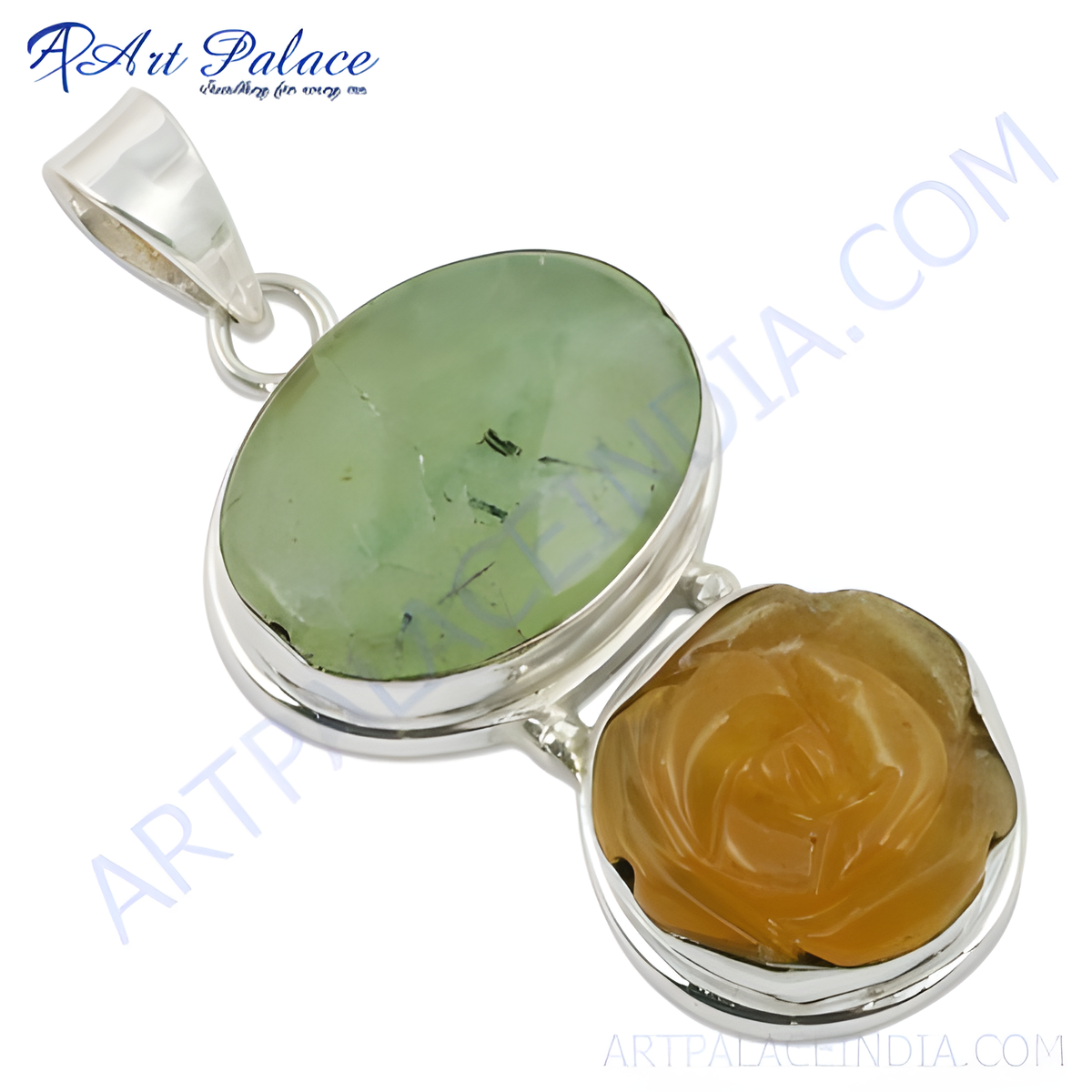 925 sterling silver pendant with a green gemstone and a carved yellow rose gemstone, a beautiful necklace for women