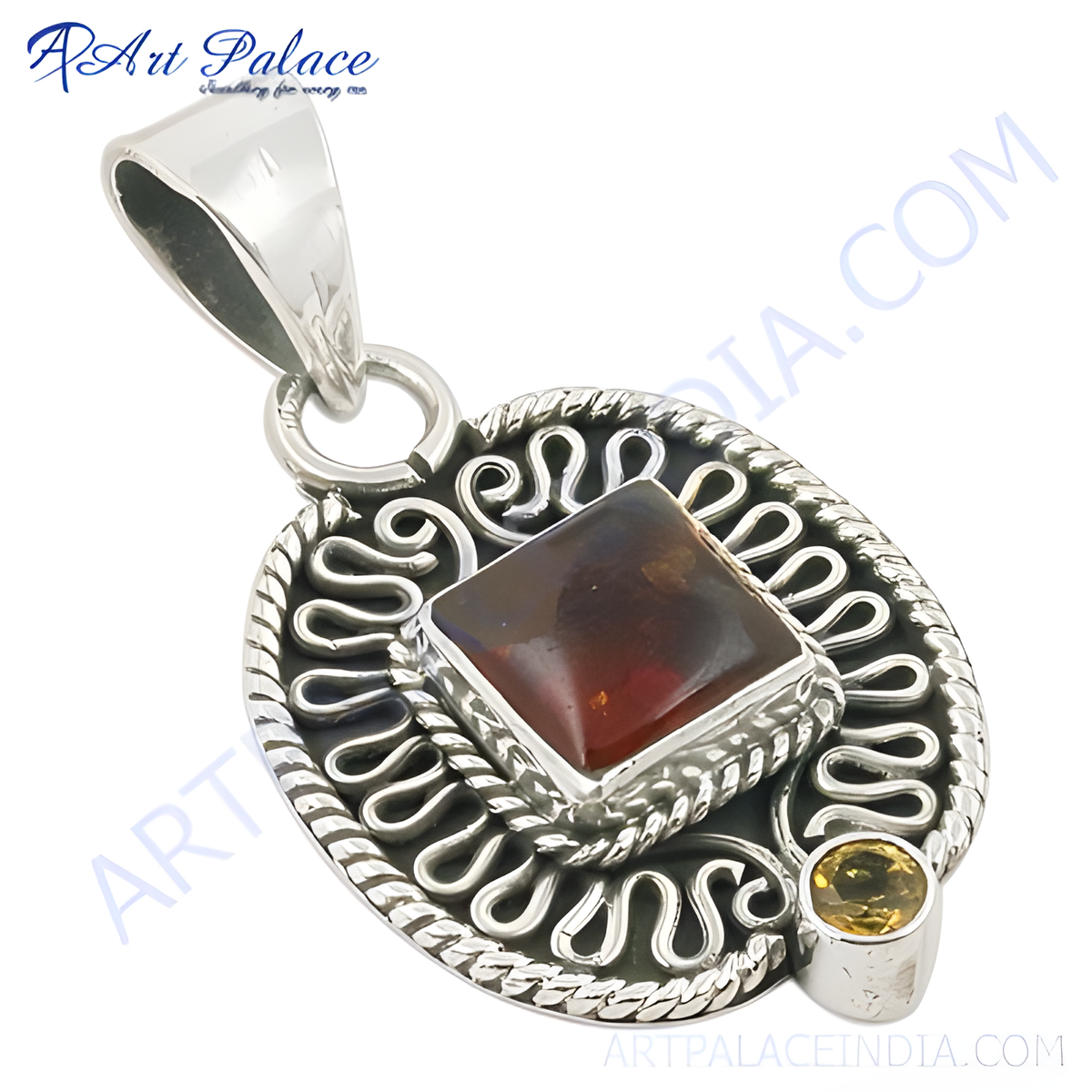 925 sterling silver garnet pendant with ornate detailing and a small citrine accent stone, a beautiful red and yellow gemstone jewelry