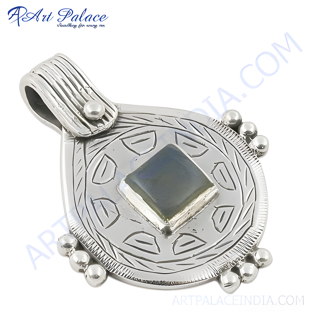 925 sterling silver labradorite pendant with a square shaped gemstone in the center, a unique boho design.