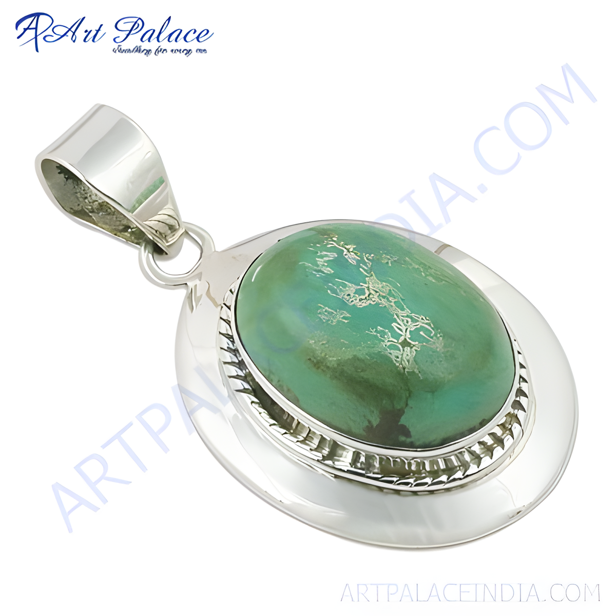 925 sterling silver oval turquoise pendant with a unique gemstone design, green and silver