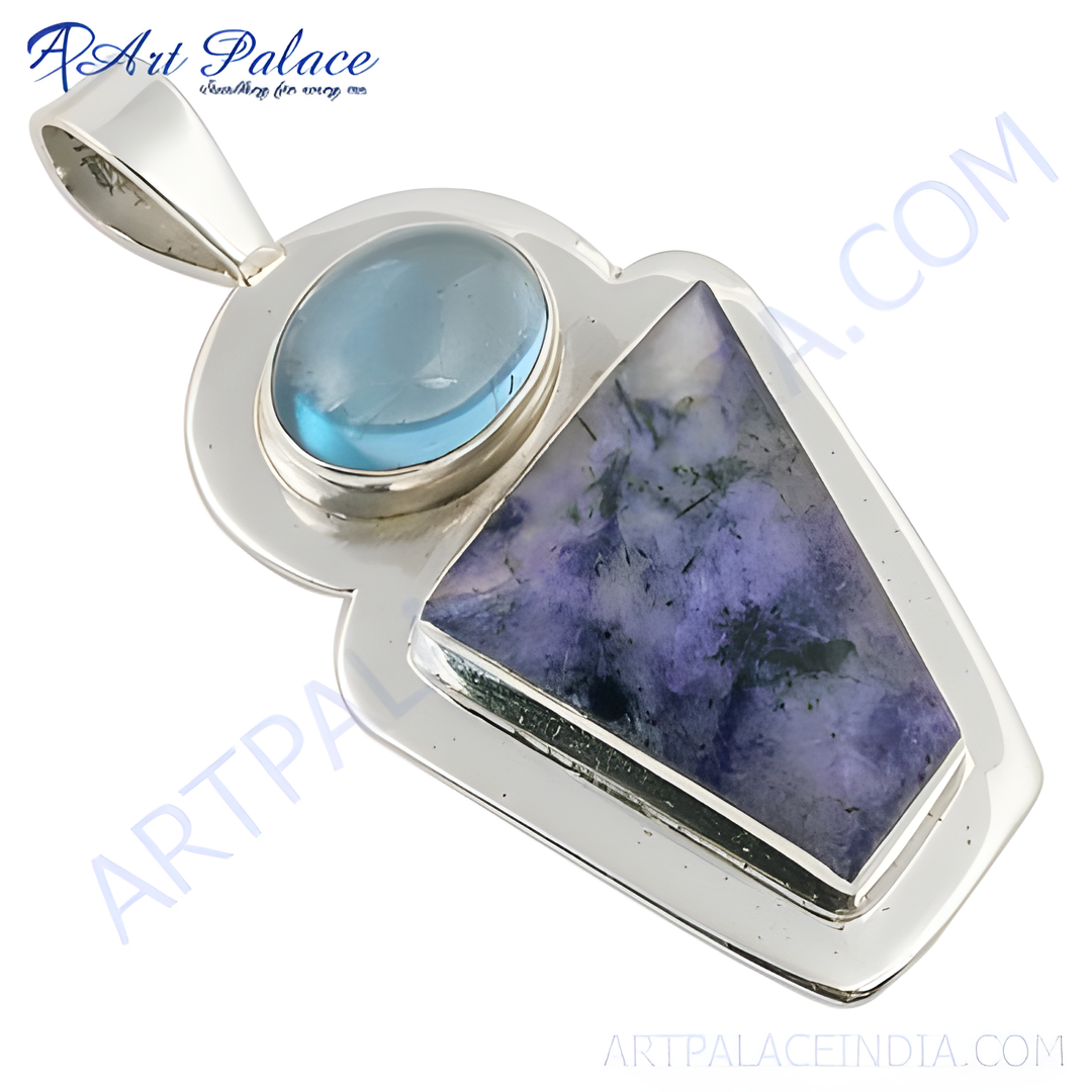 925 silver pendant with blue topaz gemstone and a purple gemstone, perfect for women