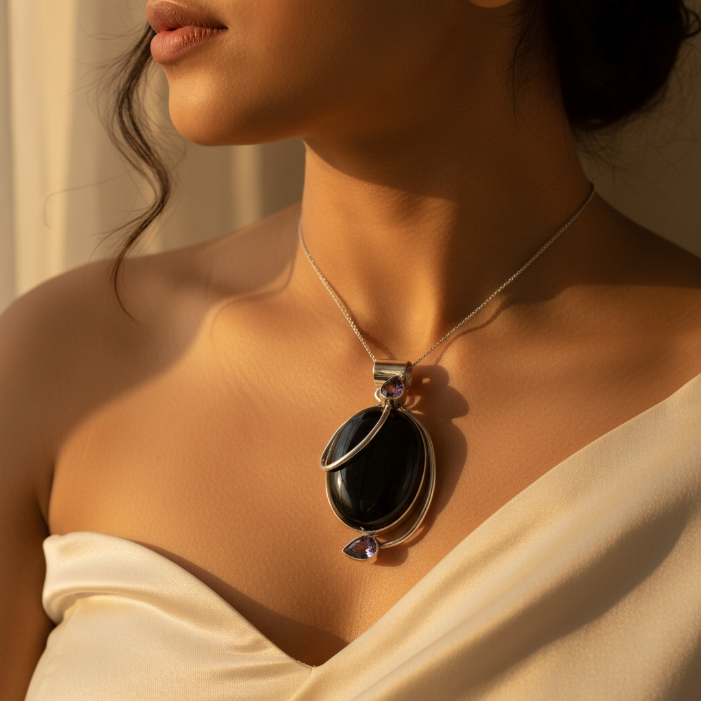 925 Silver Black Onyx Pendant with Amethyst Accents
