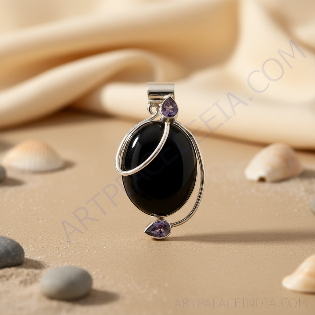 925 silver black onyx pendant with amethyst accents