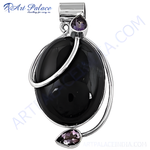 Load image into Gallery viewer, 925 sterling silver black onyx pendant with pear-shaped amethyst accents
