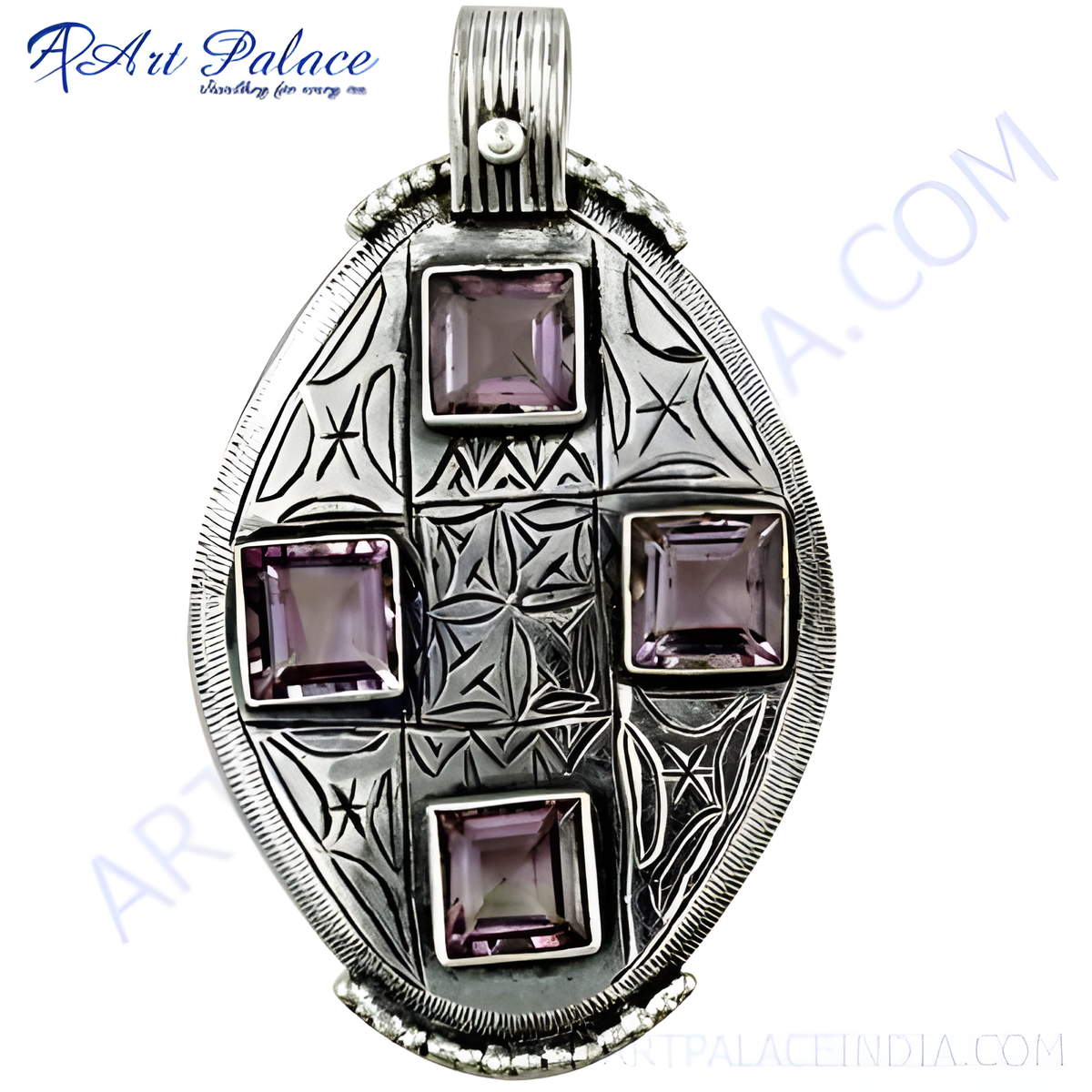 925 sterling silver pendant with square cut amethyst gemstones in a detailed setting