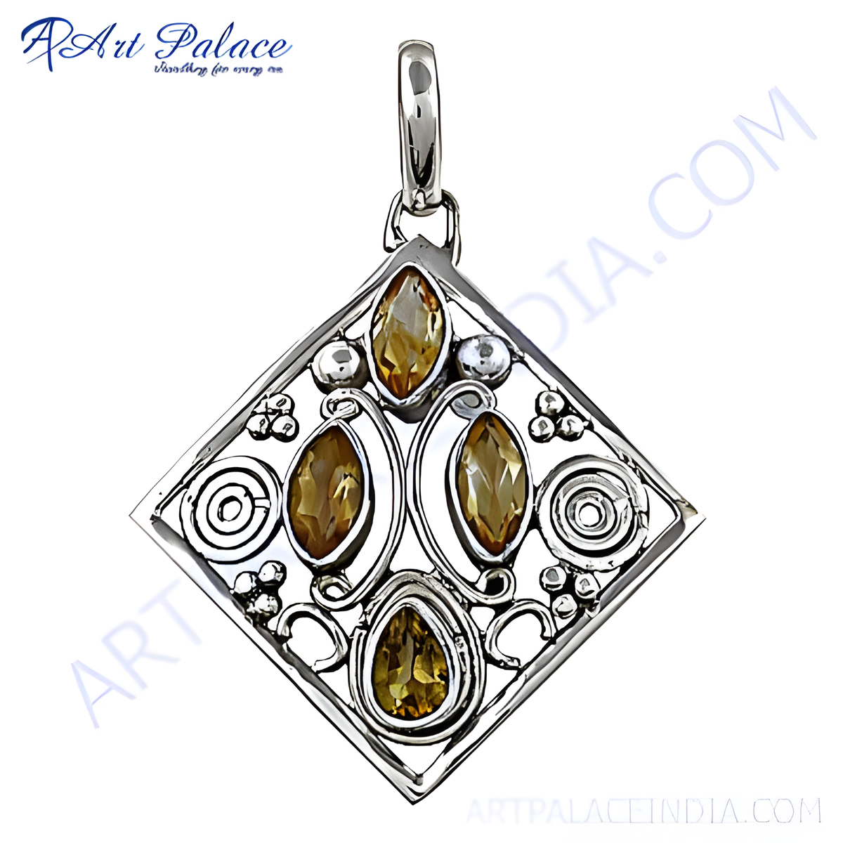 925 sterling silver diamond shape pendant with yellow citrine gemstones