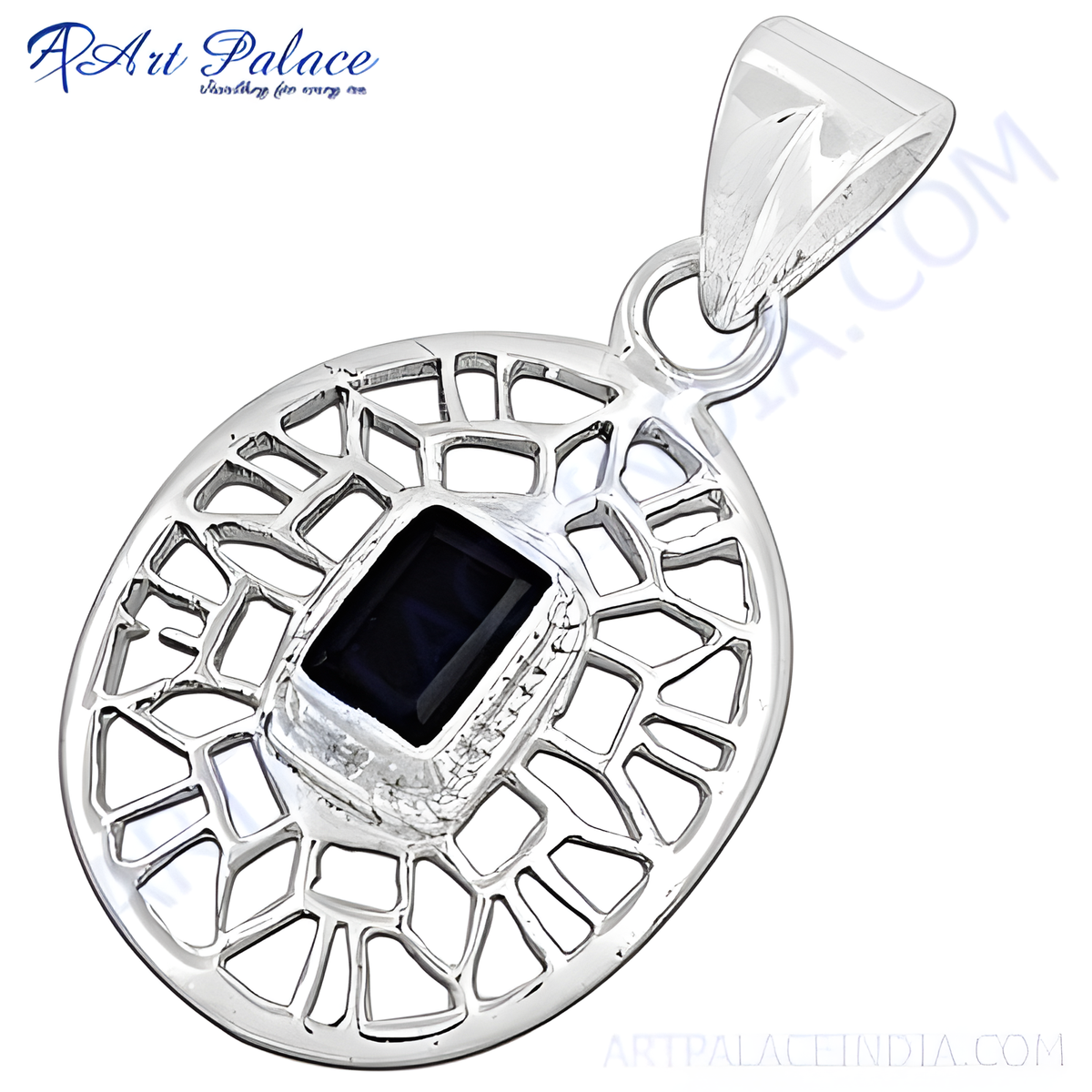 925 sterling silver openwork pendant with a dark blue sapphire gemstone center for women