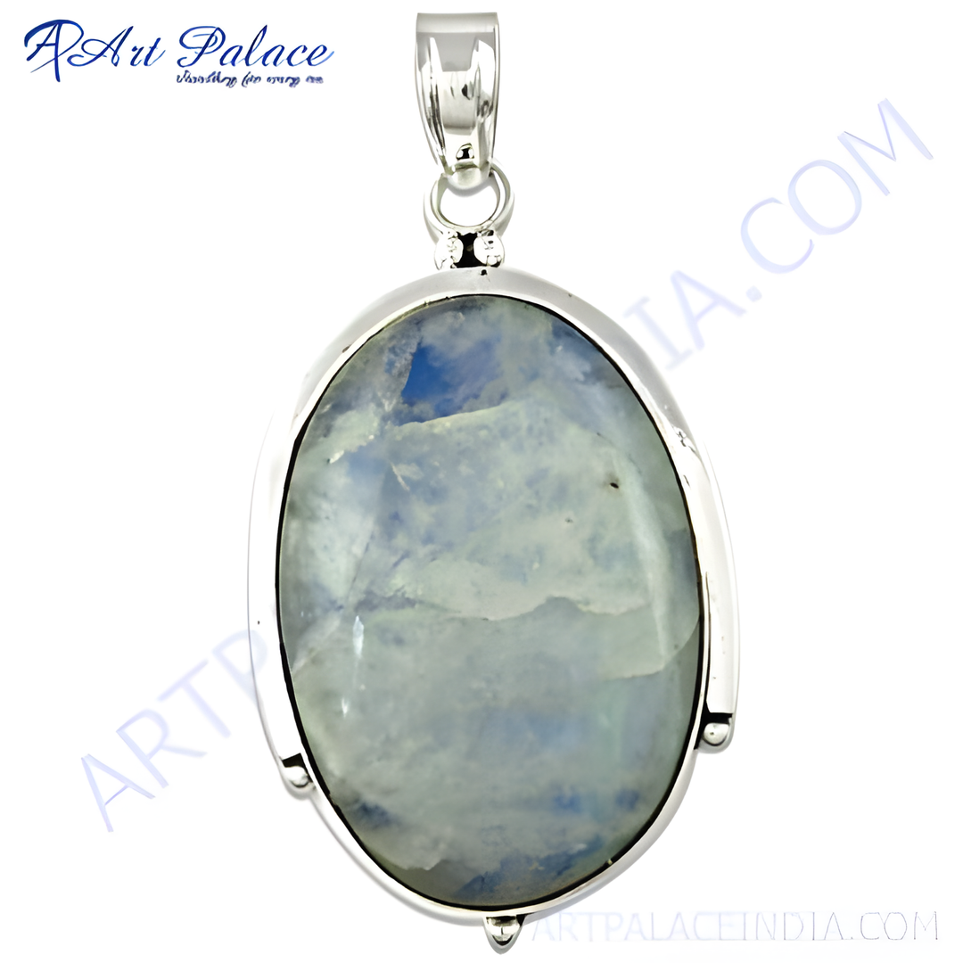 925 silver moonstone pendant with a large oval-shaped blue and white gemstone.