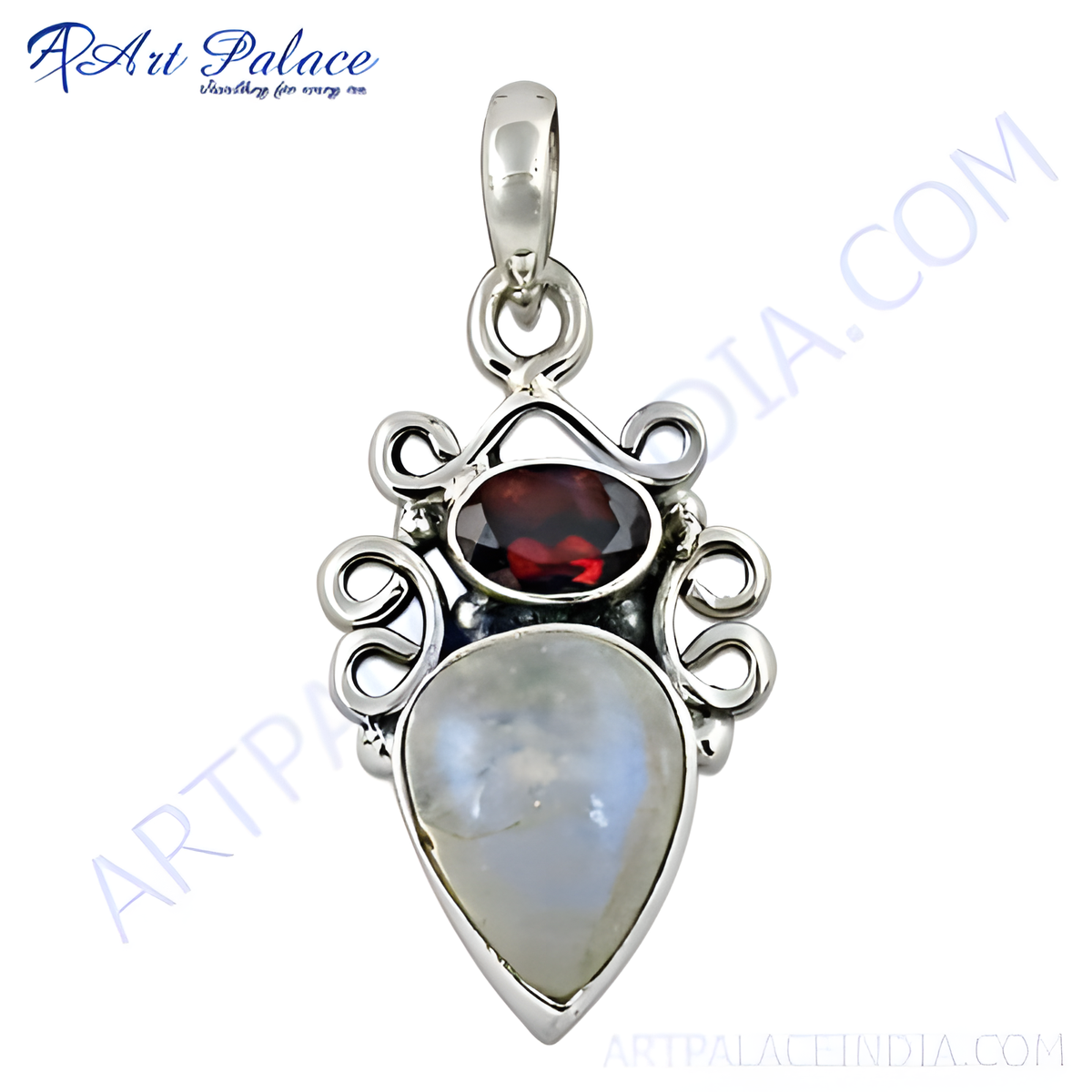 925 sterling silver pendant with pear shaped moonstone and oval garnet gemstone