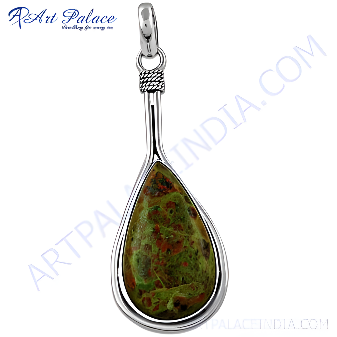 925 sterling silver unakite pendant, green and red gemstone necklace, teardrop shaped jewelry for women
