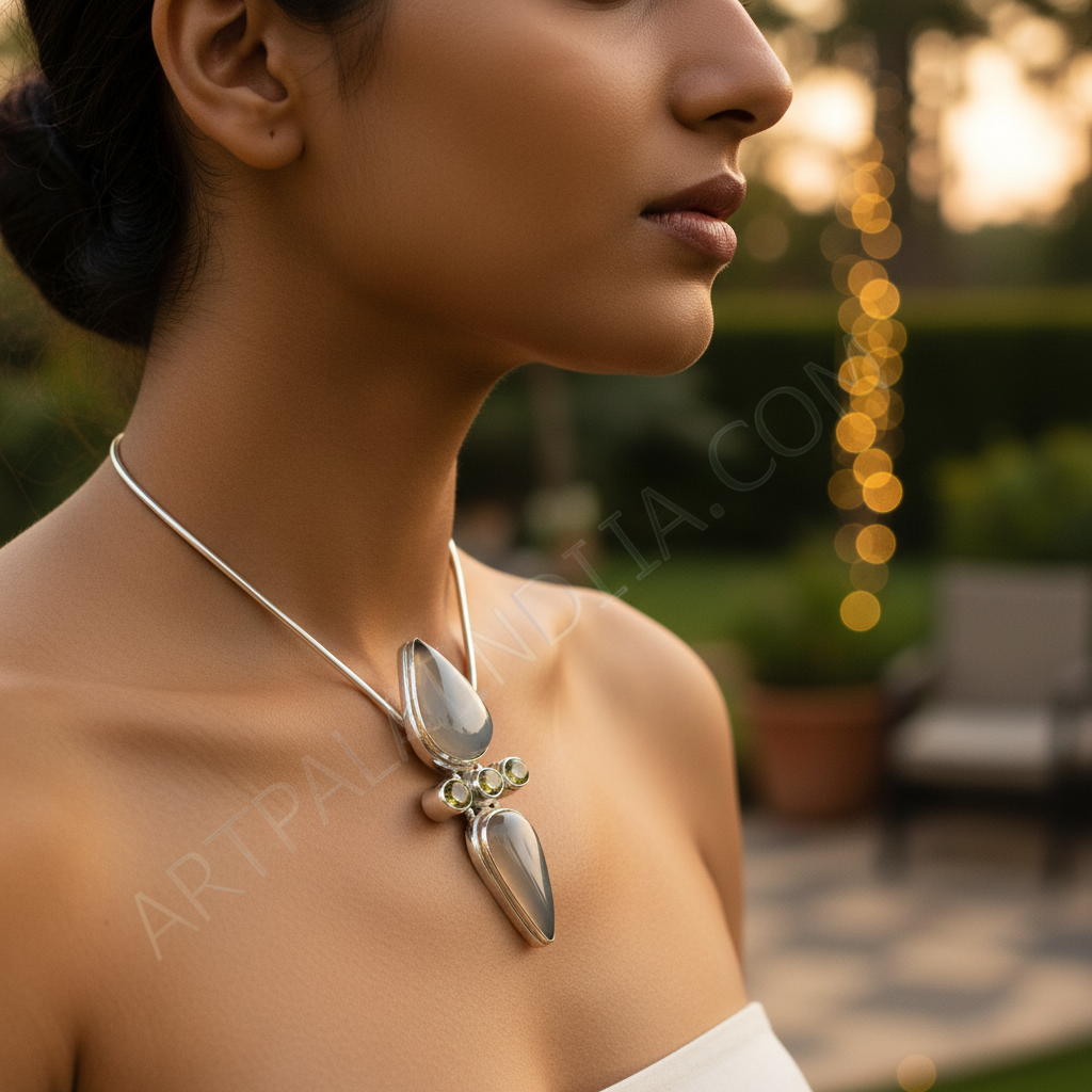 925 Silver Pendant Necklace with Gray Chalcedony Gemstones