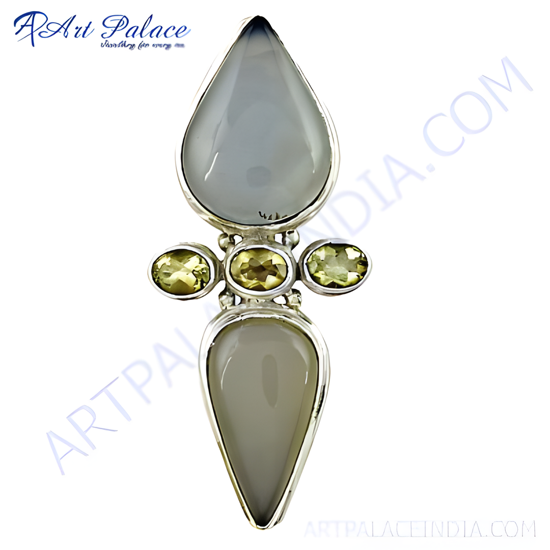 Sterling silver pendant necklace with gray chalcedony gemstones for women. A pear-shaped design