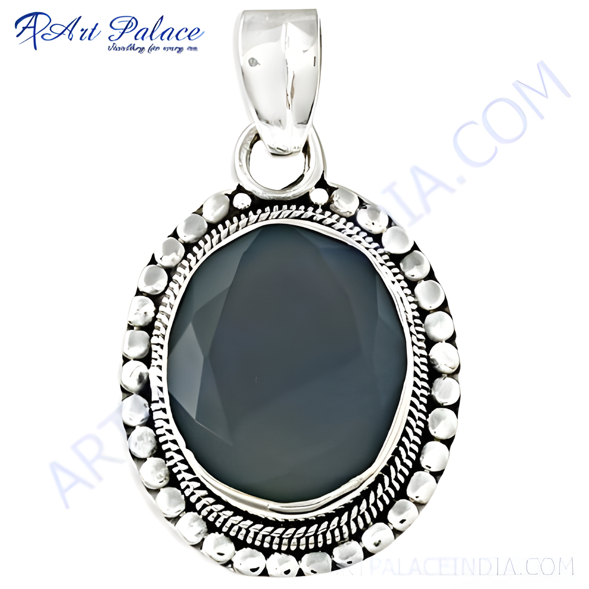 925 sterling silver oval chalcedony pendant with a faceted gray gemstone