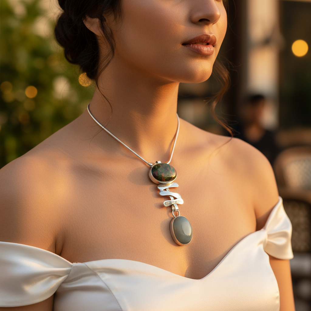 Collar con colgante de unakita y ágata gris en plata 925 para mujer