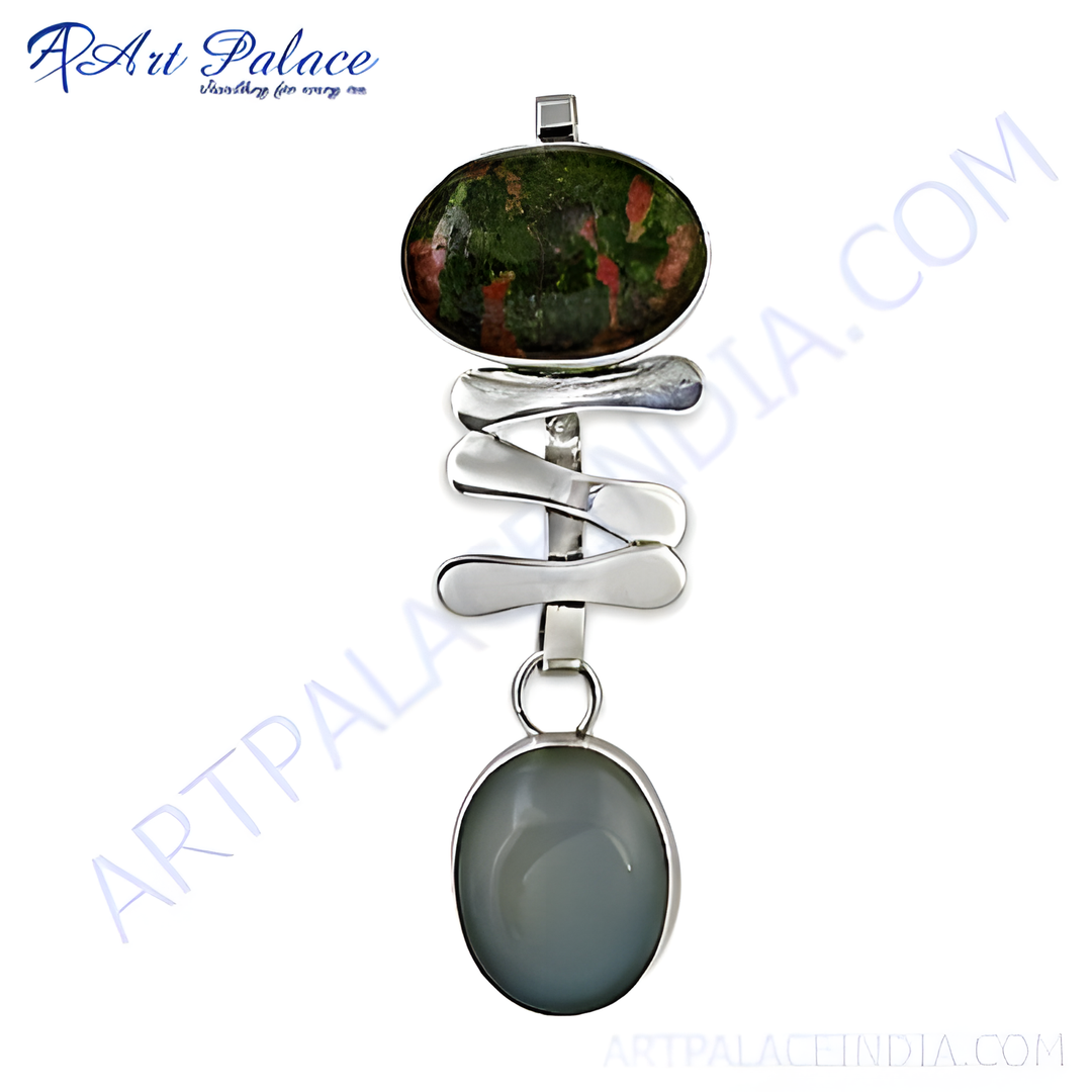 Sterling silver pendant necklace featuring an oval green and red unakite stone and a grey agate stone.
