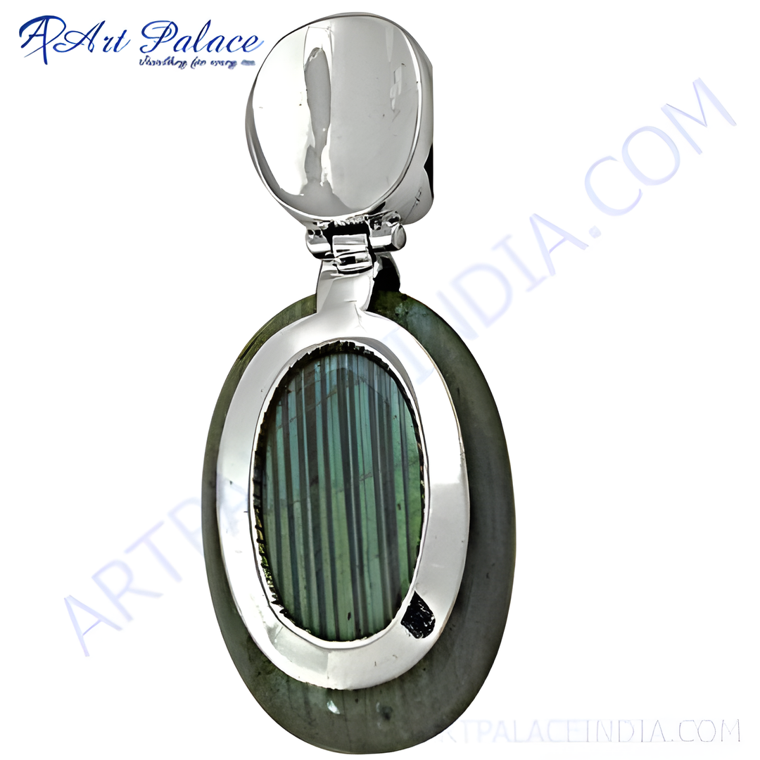 Silver labradorite pendant with a green and blue gemstone. Oval pendant for women, silver setting