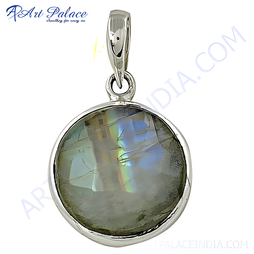 925 silver moonstone pendant, round shape, featuring rainbow shimmer, perfect for gifting and daily wear.