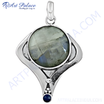 Load image into Gallery viewer, 925 silver labradorite pendant necklace with grey-green gemstone center and silver detailing
