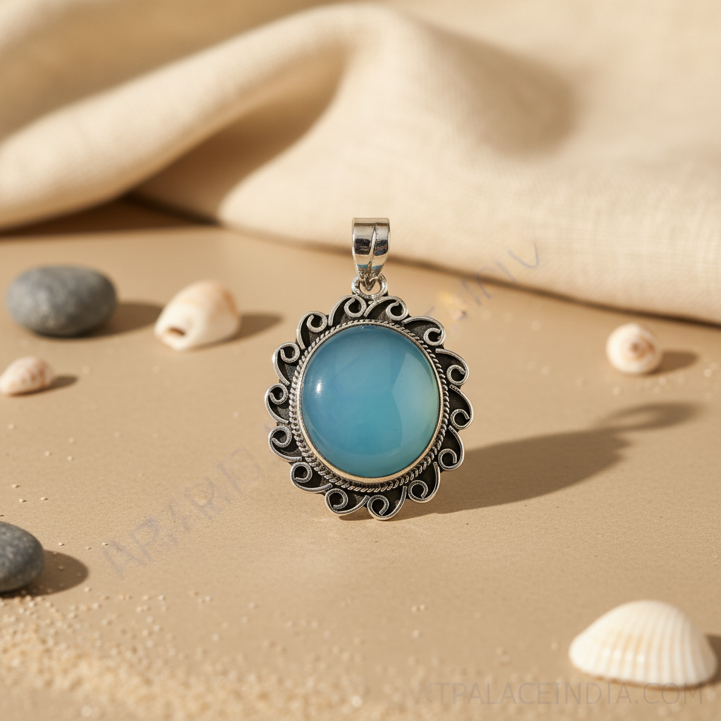 925 Silver Blue Chalcedony Pendant for Women | Gemstone Jewelry