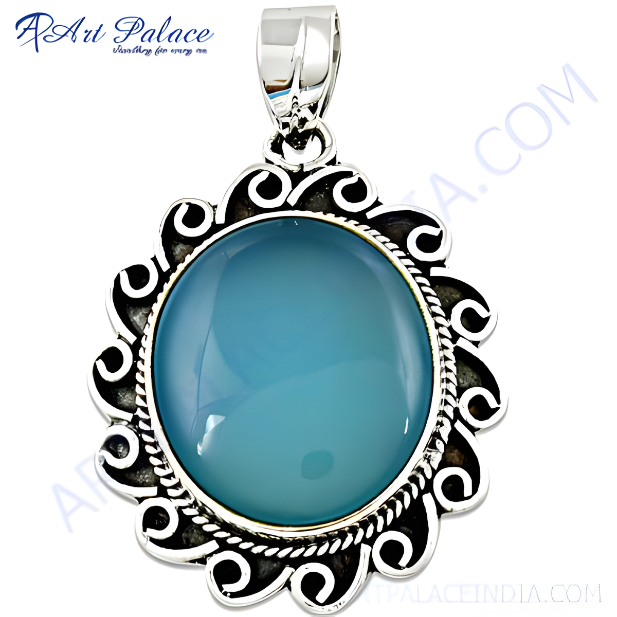 925 sterling silver pendant with a round blue chalcedony gemstone for women