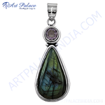 Load image into Gallery viewer, 925 sterling silver labradorite and amethyst pendant, featuring a pear-shaped labradorite gemstone with blue and green hues.
