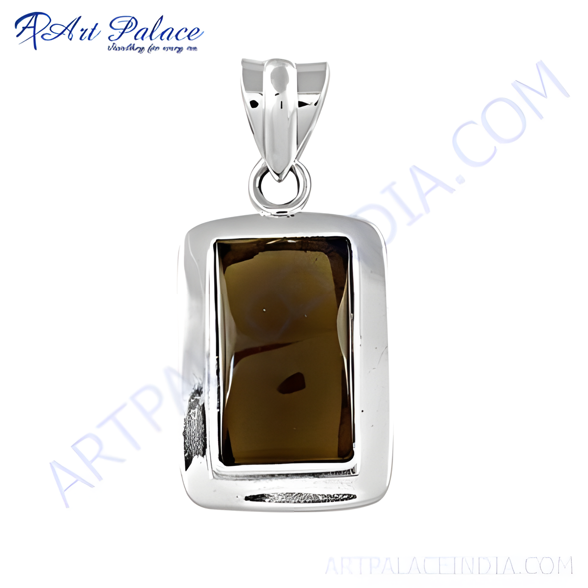 925 sterling silver rectangular pendant with a smoky quartz gemstone center, brown in color