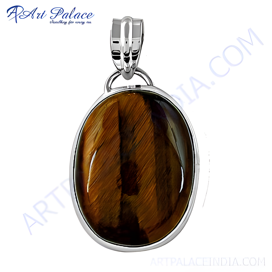 925 sterling silver tiger eye oval pendant. Brown gemstone pendant for women.