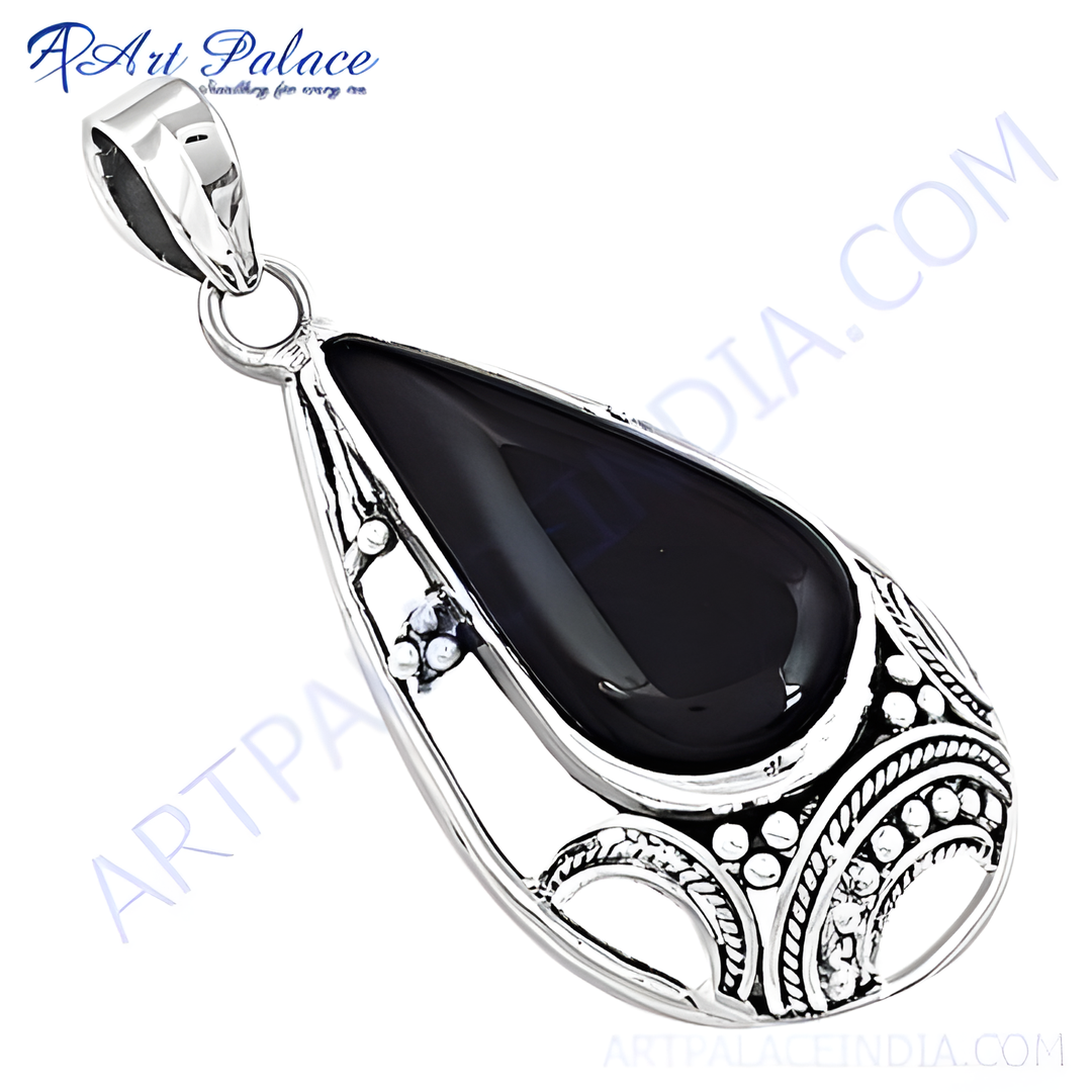 925 sterling silver teardrop pendant with black onyx gemstone. Elegant silver necklace for women.