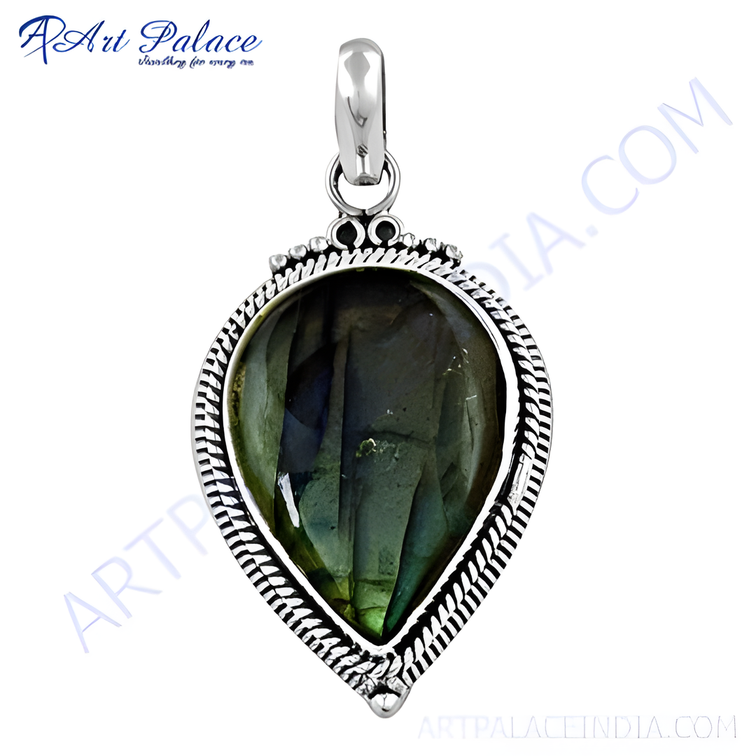 925 sterling silver labradorite teardrop pendant with iridescent blue and green color.