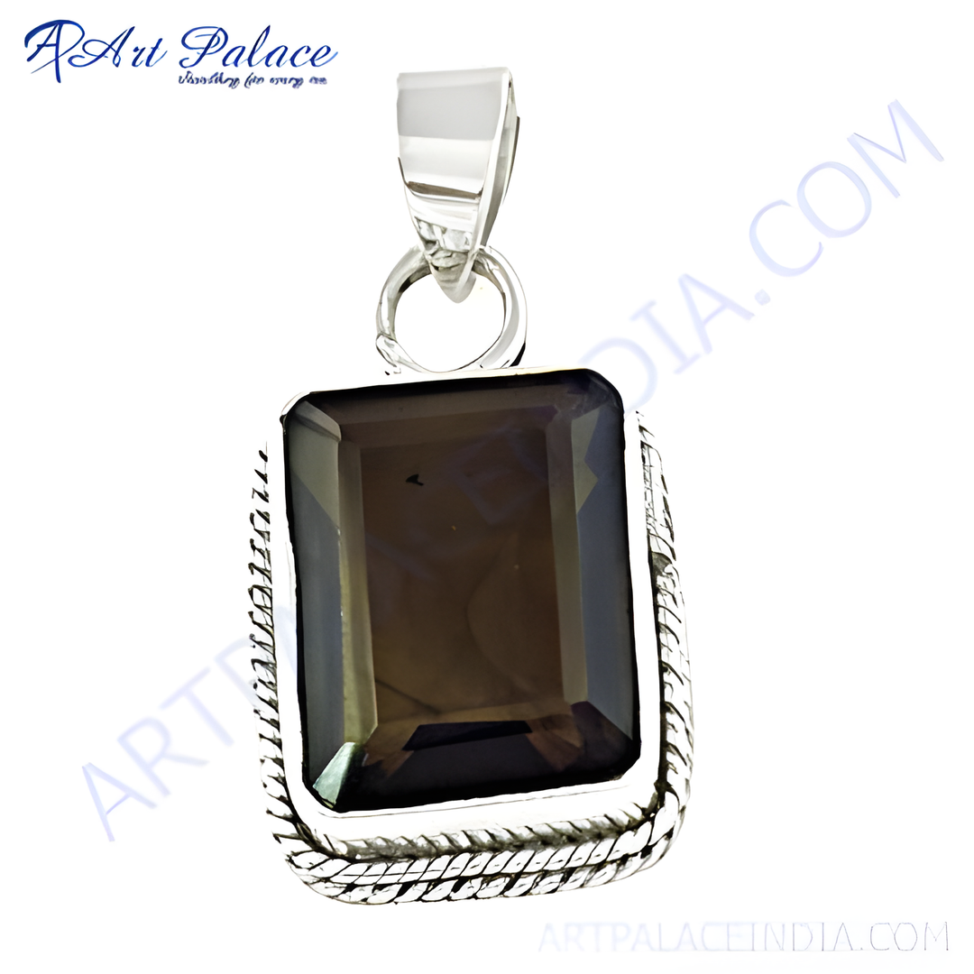 925 sterling silver pendant with a rectangular smoky quartz gemstone in a dark brown color.