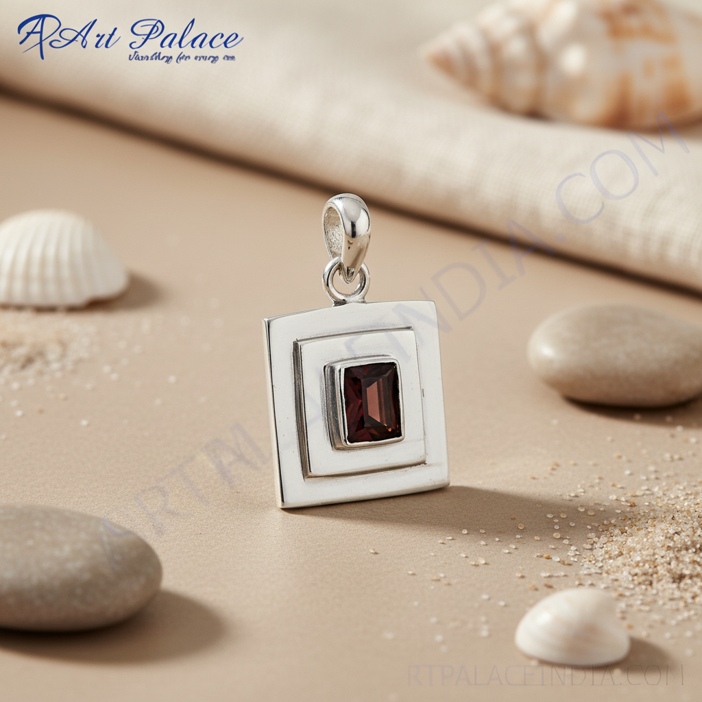 925 Sterling Silver Garnet Pendant | Square Gemstone Jewelry
