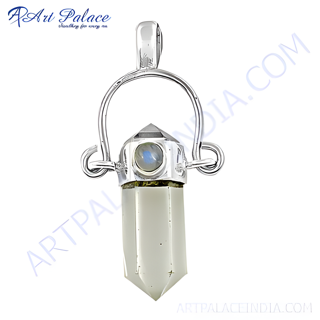925 silver moonstone crystal pendant with a unique design, ideal for women. Features a clear and iridescent gemstone.