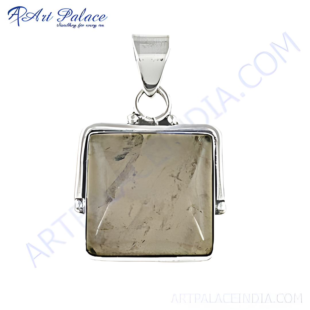 925 sterling silver square pendant with a smoky quartz gemstone, showcasing natural variations in gray color.