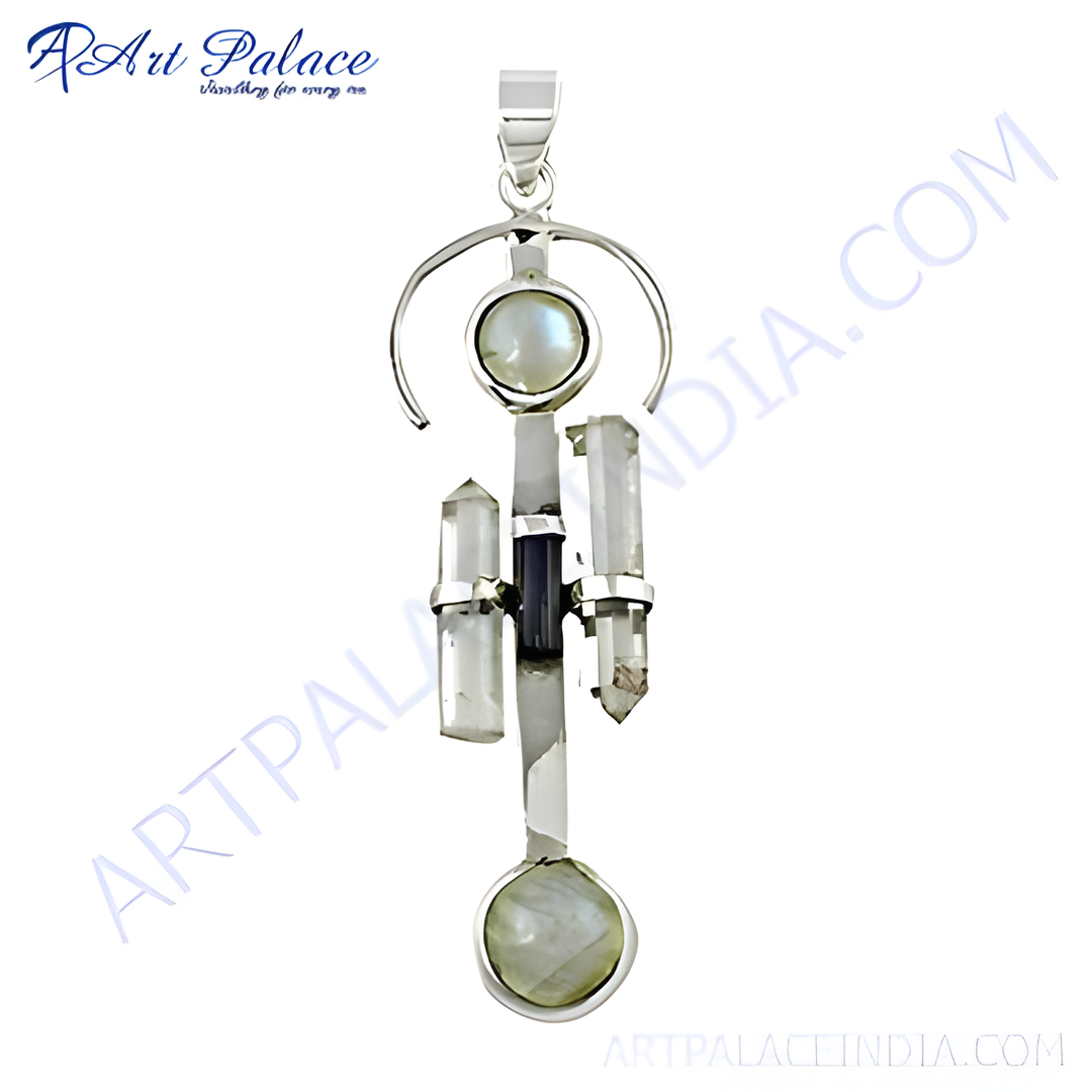 925 Sterling silver pendant with a moonstone and quartz crystals design
