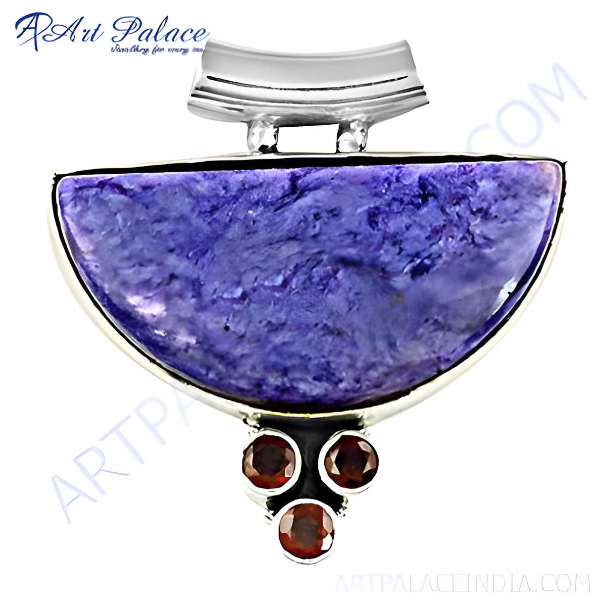 925 sterling silver pendant with a large purple charoite gemstone and three garnet accents