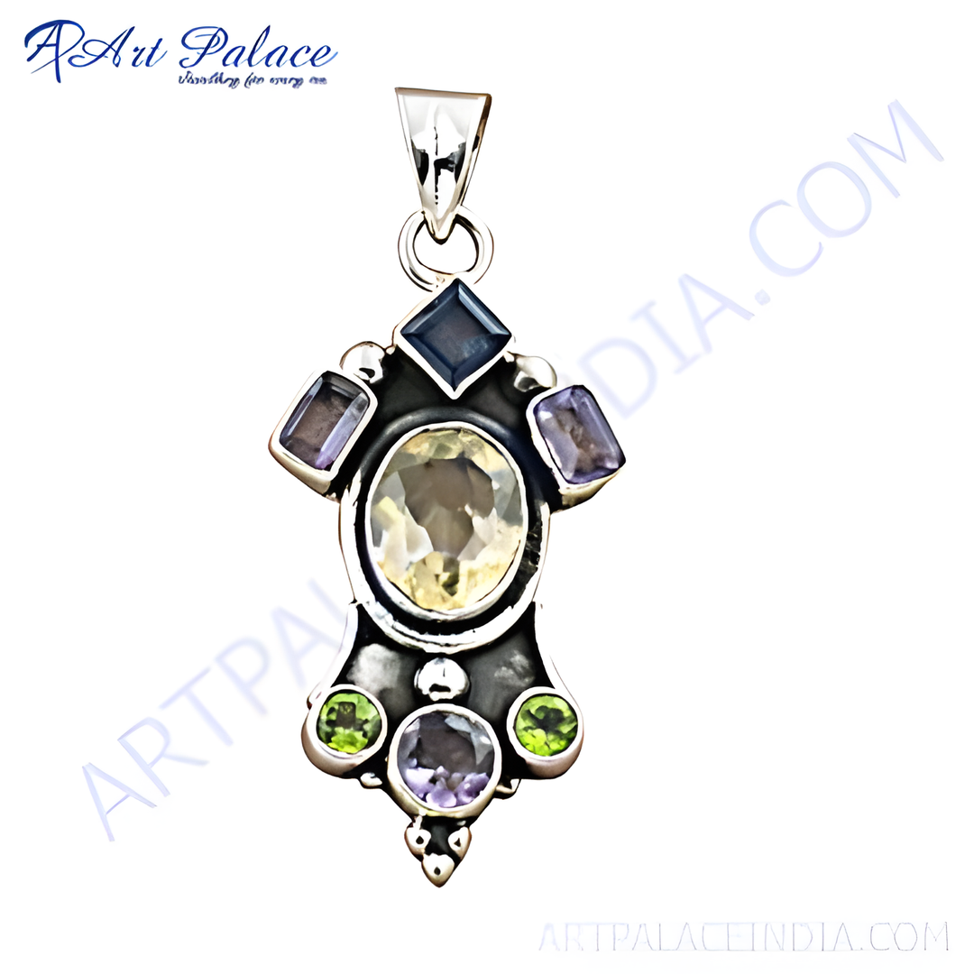 Sterling silver gemstone pendant with oval-cut yellow center stone and colorful gemstones