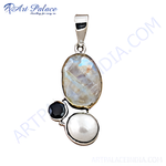 Load image into Gallery viewer, 925 sterling silver pendant featuring a moonstone, pearl, and black onyx gemstone.

