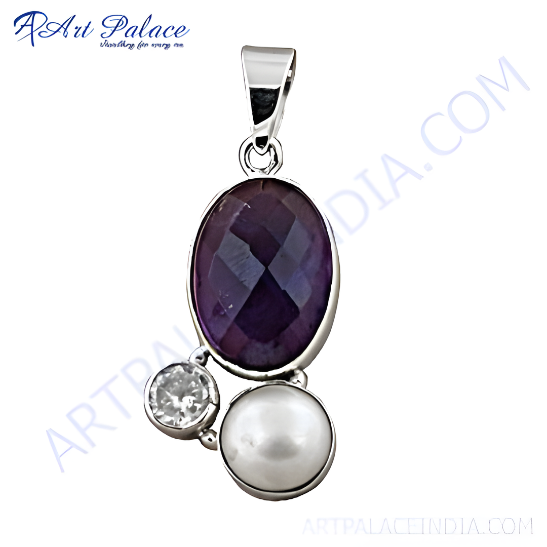 925 sterling silver amethyst and pearl pendant. Purple gemstone and white pearl on silver charm.