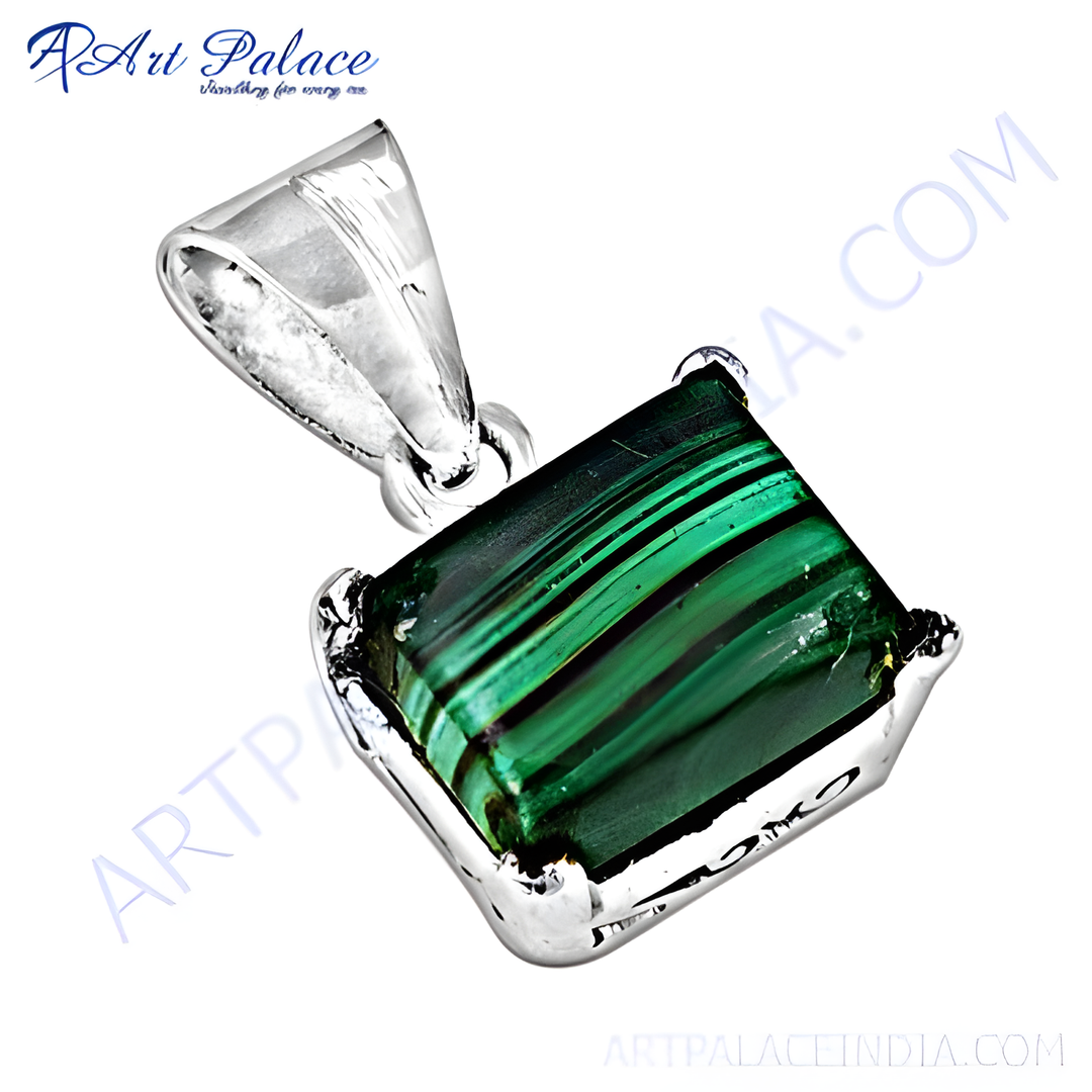 925 sterling silver malachite pendant. Rectangular green malachite gemstone charm for necklaces.