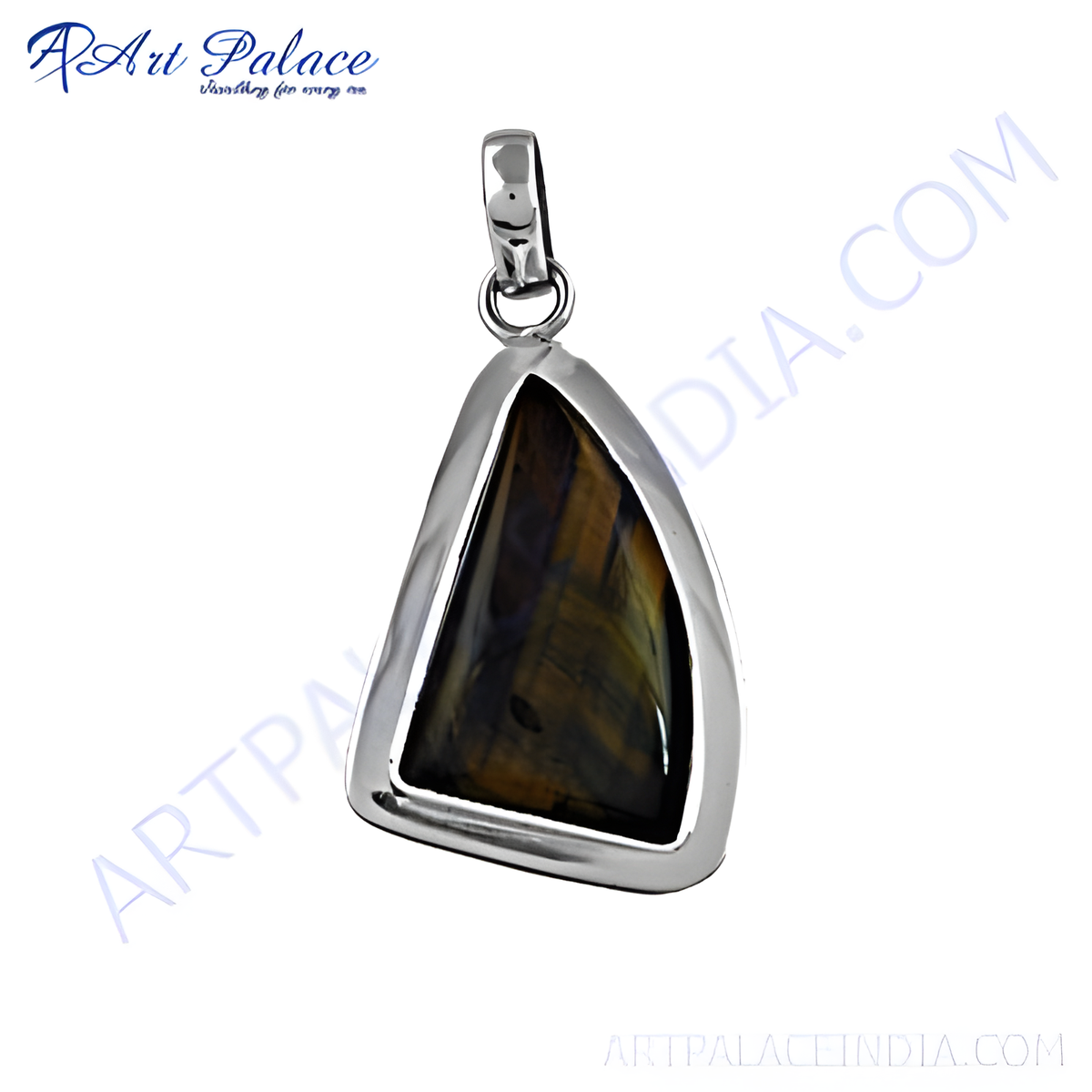 Sterling silver pendant featuring a triangular tiger's eye gemstone with gold and brown hues