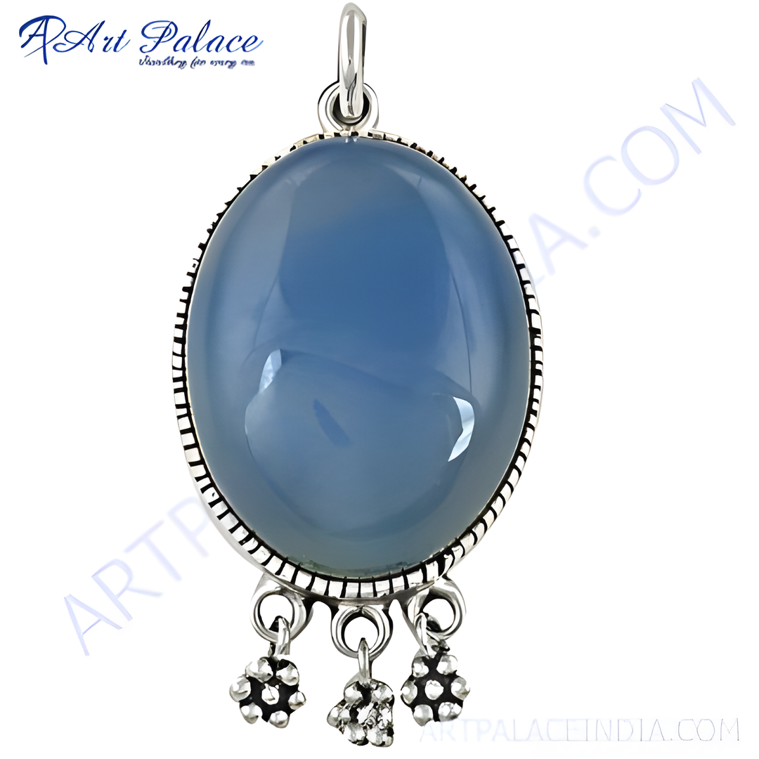925 sterling silver pendant with a large oval-shaped blue chalcedony gemstone and three small dangles.